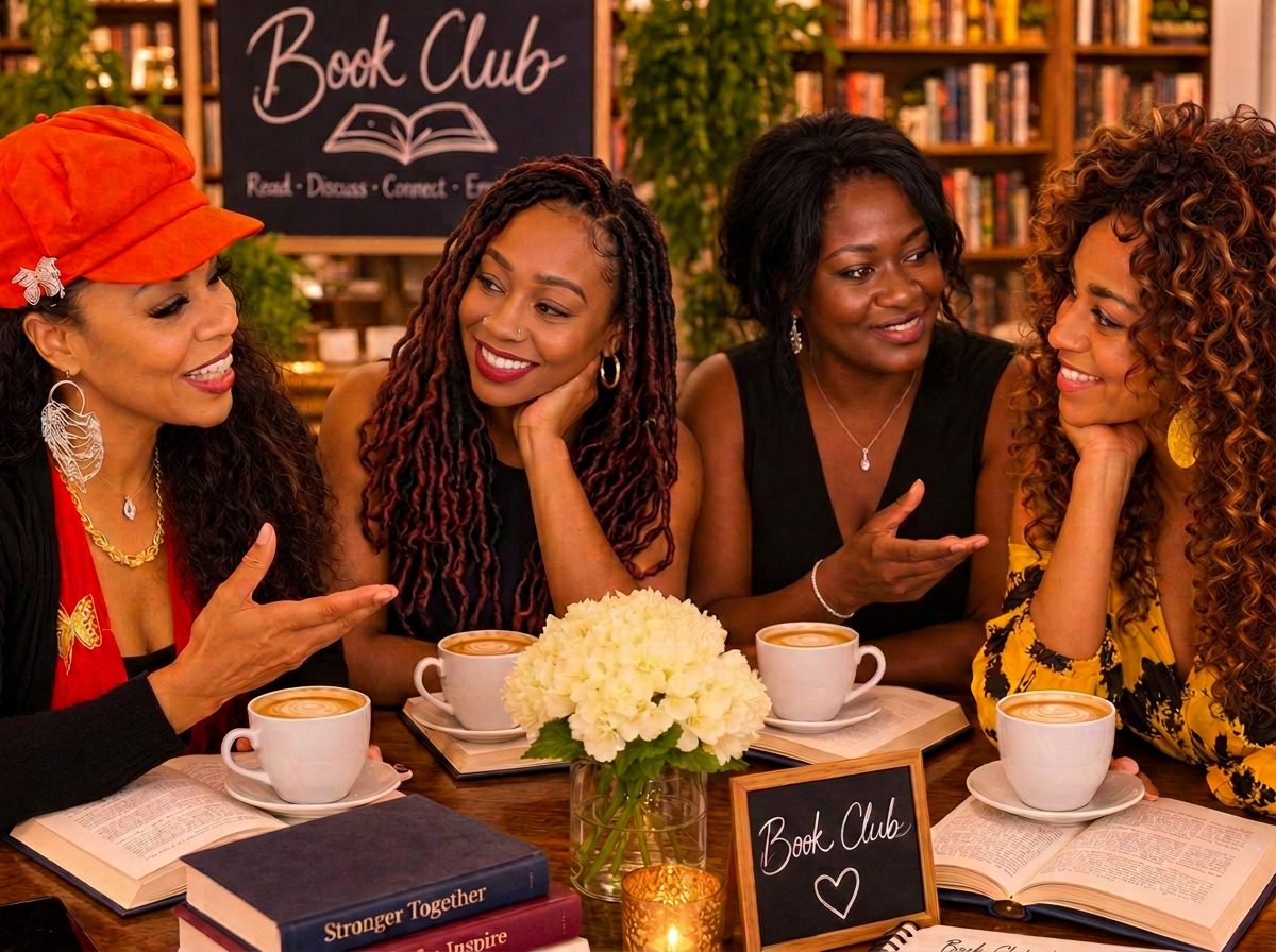 Four women sharing books and conversation around a table in a warm bookstore